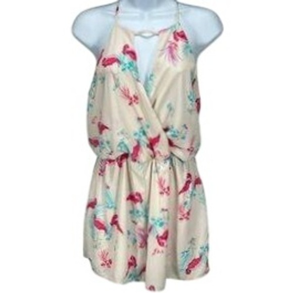 Everly Pink Flamingo Print Shorts Romper Halter Neck Sleeveless Size Medium - Picture 1 of 7